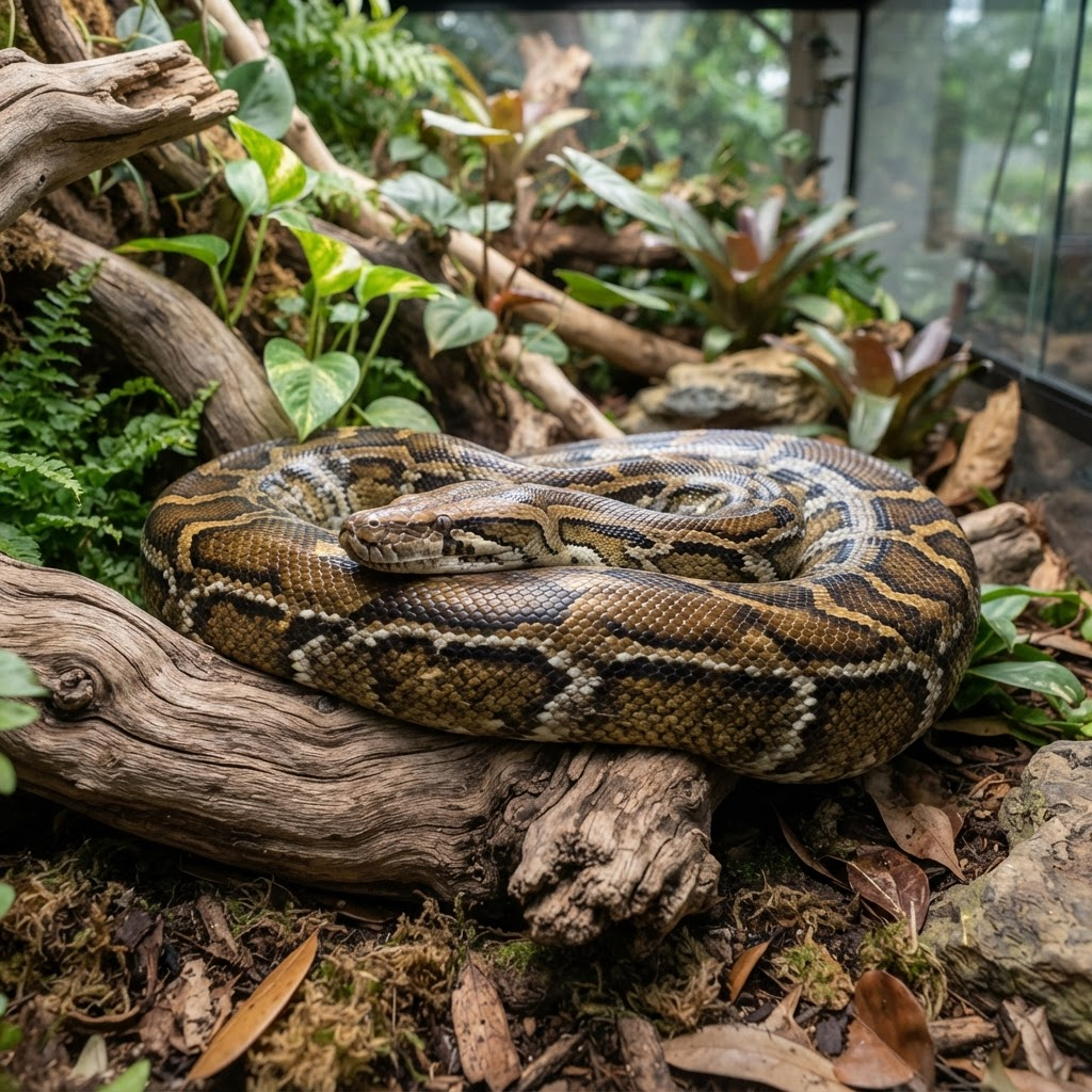 Burmese python besar dengan pola cokelat tua di dalam terrarium naturalistik