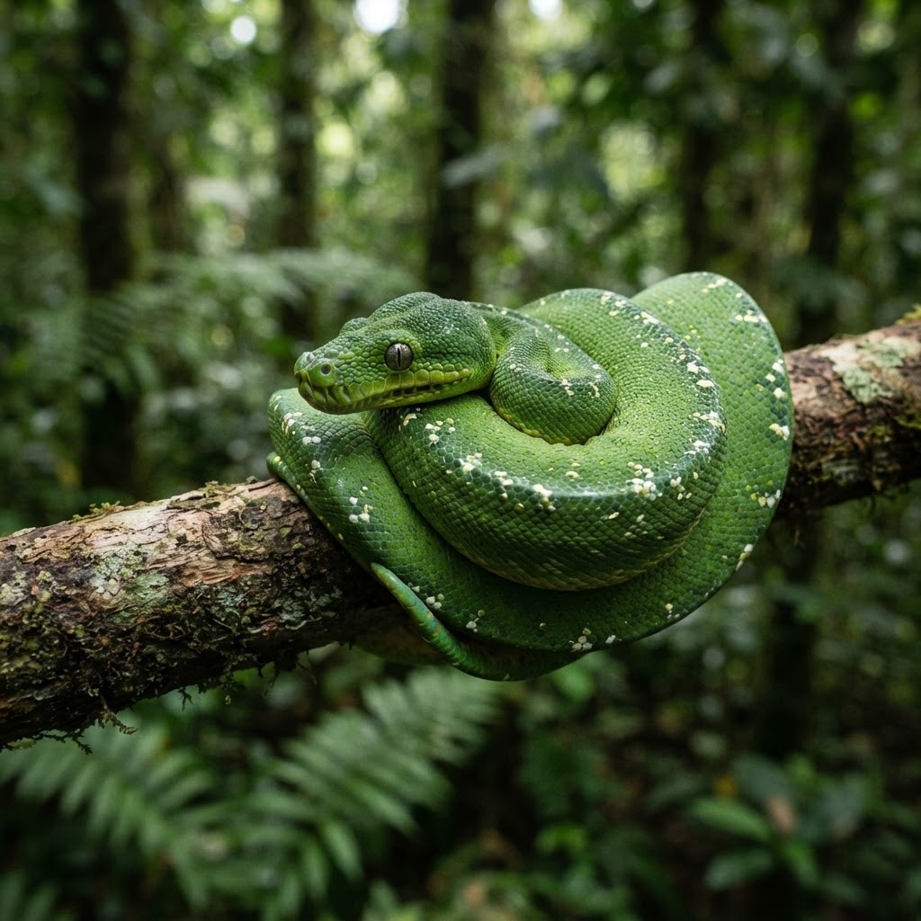 Green tree python hijau zamrud melingkar di atas ranting horizontal