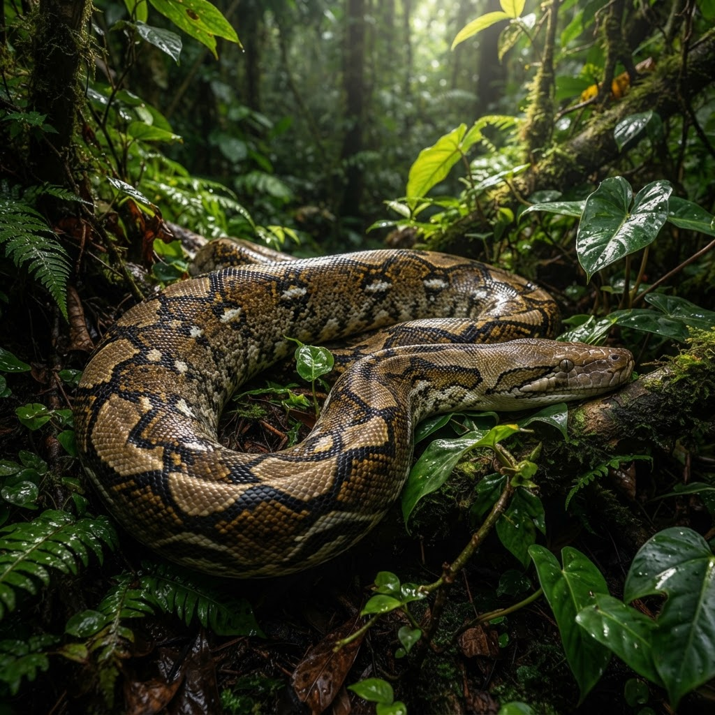 Reticulated python dengan pola jaring emas dan hitam di antara dedaunan tropis
